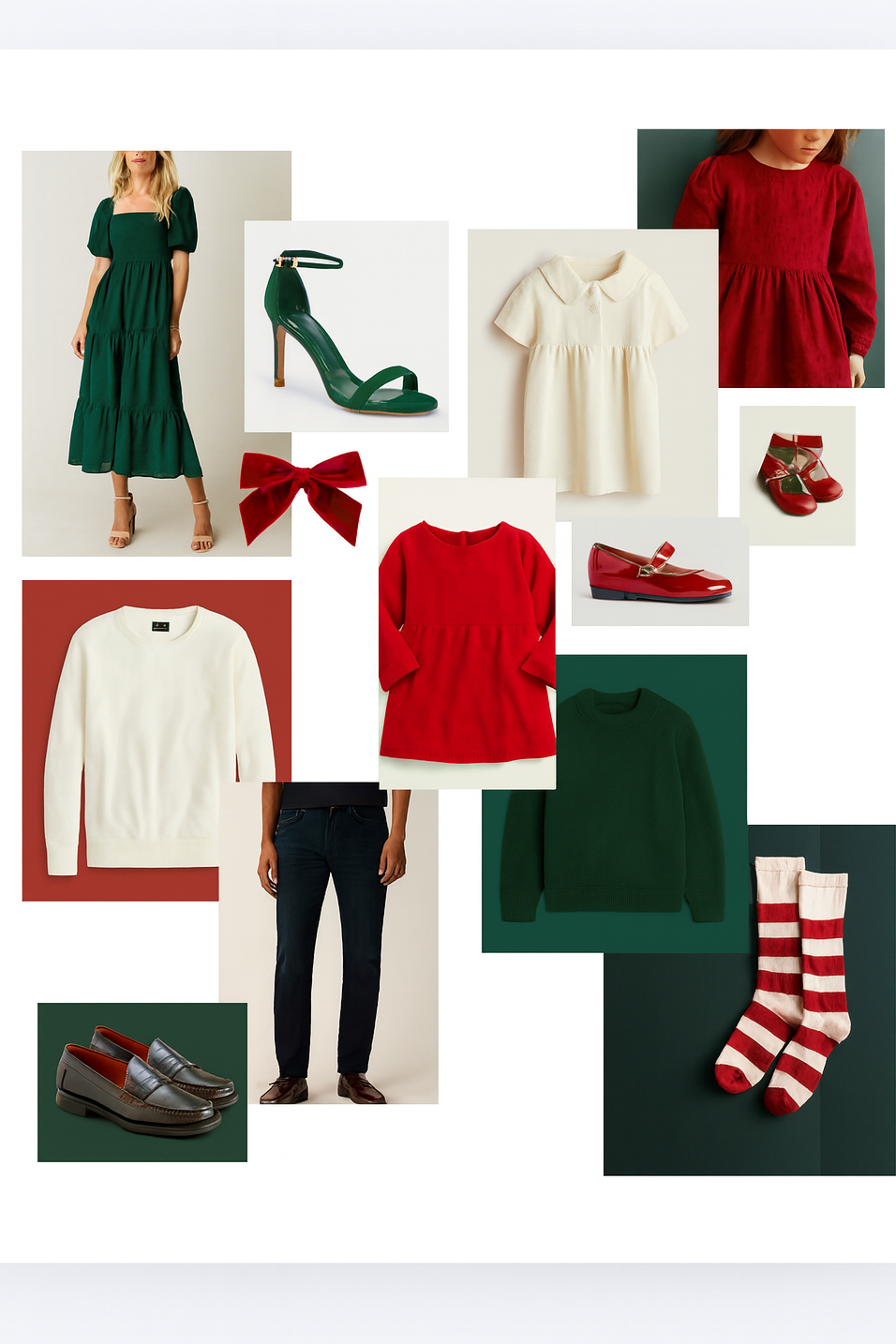 Collage of red, green and white Christmas outfits for family photos.