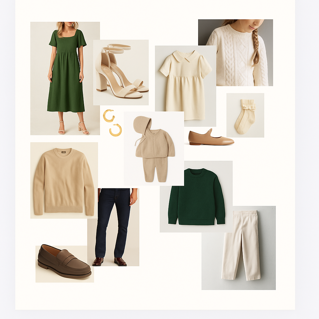 Collage of green, beige and cream outfits for family photos.