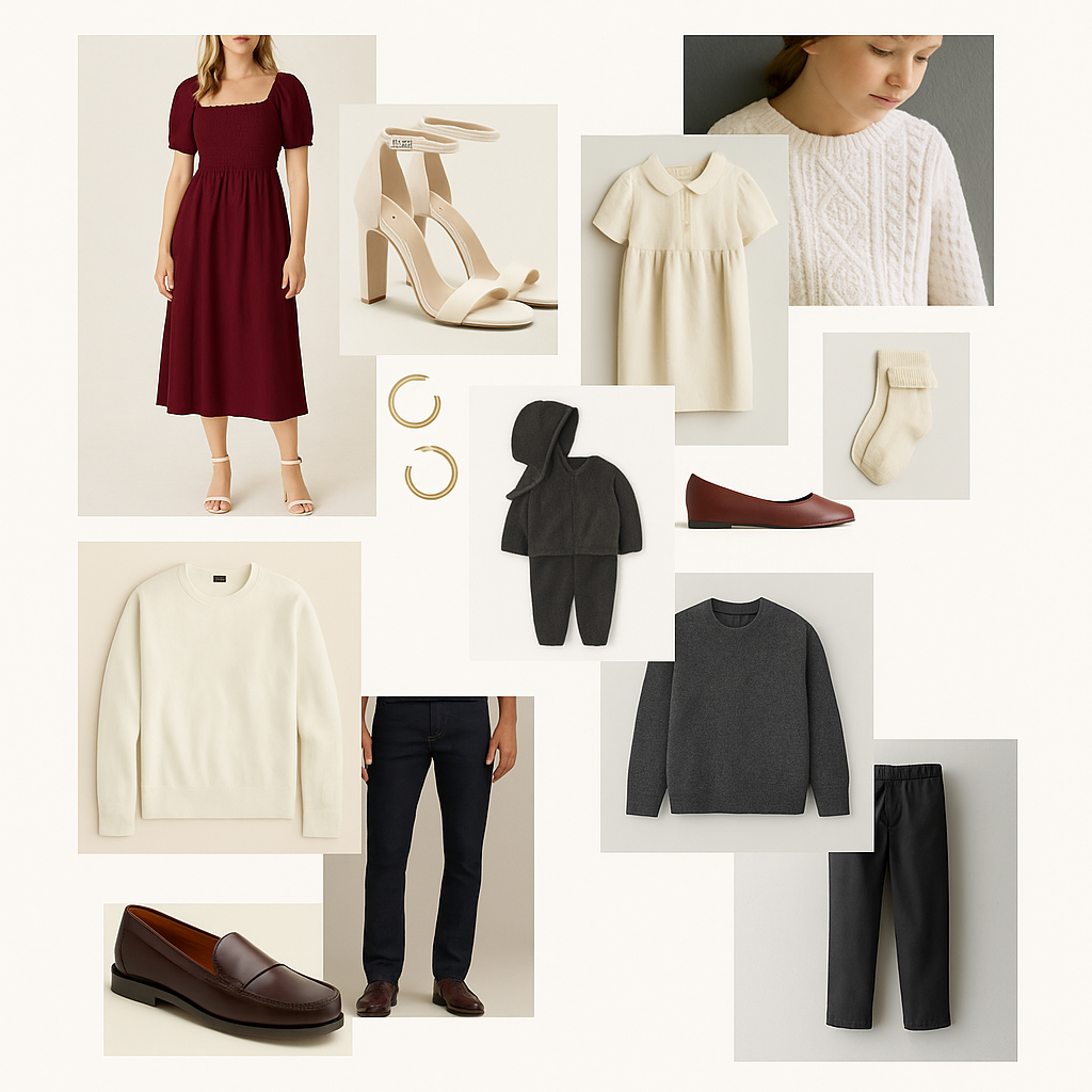 Collage of burgundy, ivory and charcoal Christmas outfits for family photos.
