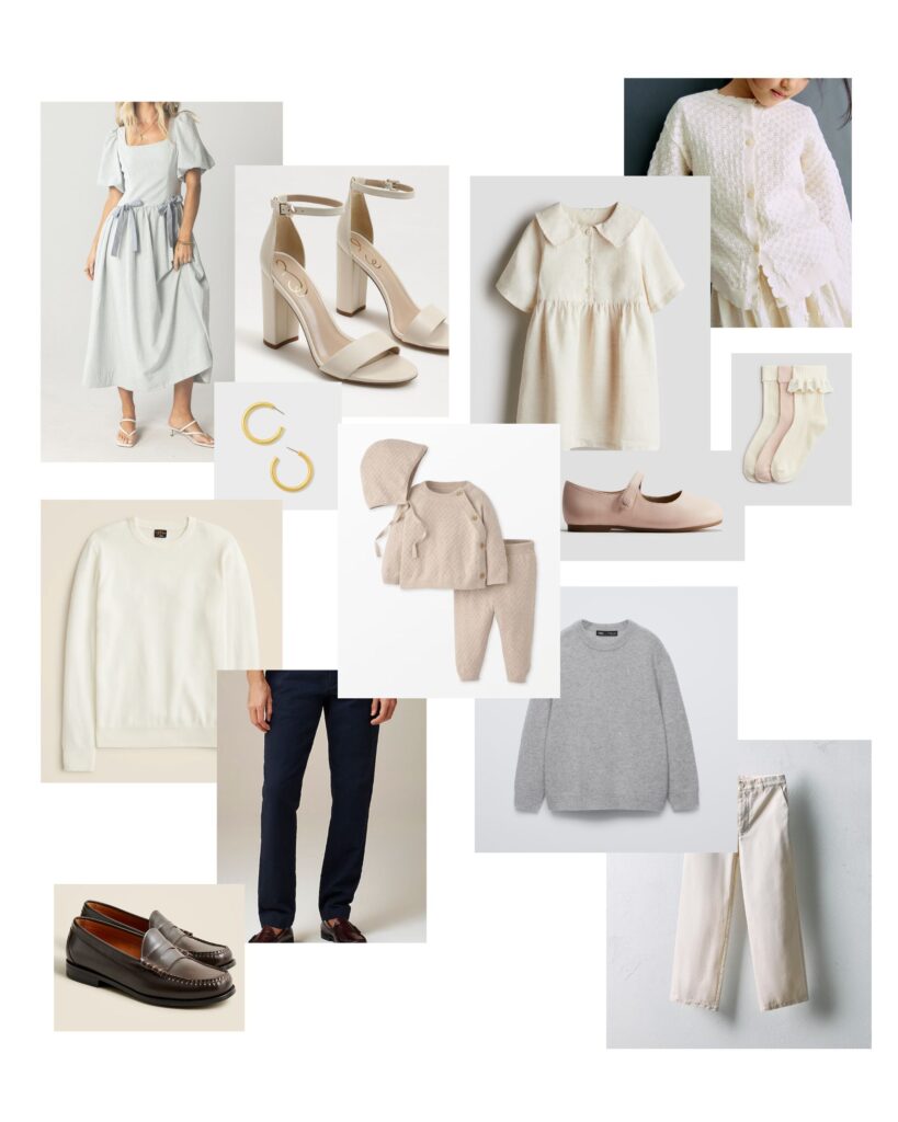 Collage of neutral colored Christmas outfits for family photos.